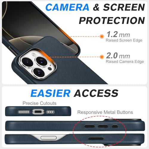 SHIELDON Case for iPhone 16 Pro Max 6.9" 2024, Compatible with MagSafe, Genuine Leather Magnetic Wireless Charging Non-Slip Microfiber Lining Anti-Scratch Shockproof Case - Navy Blue