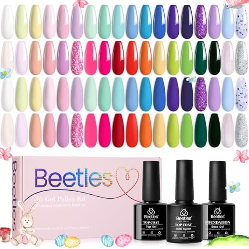 Beetles Gel Nail Polish Kit, 20 Colors Soak Off Gel Polish with 1 Base Coat 1 Glossy & 1 Matte Top Coat Pink Blue Green Neutral Gel Nail Design Gift for Women Girls