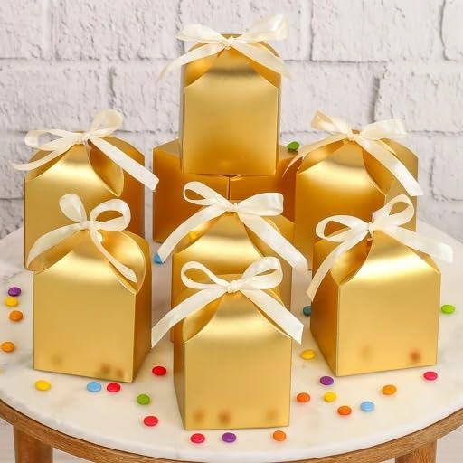 Image of SATYAM KRAFT 12 Pcs Multipurpose Decorative Paper Folding Gift Boxes with Ribbon | For Christmas, xmas, Wedding, Return Gifts, Birthday, Chocolates, Dry Fruits, Festive Favors (Golden)