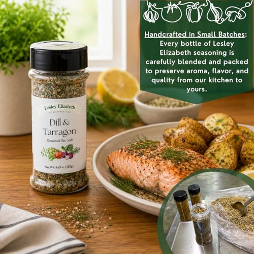 Image of Lesley Elizabeth Dill & Tarragon Seasoned Sea Salt - Gourmet Herb & All-Natural Sea Salt Blend for Fish, Poultry, Seafood & Vegetables | All-Purpose Cooking & Grill Seasoning