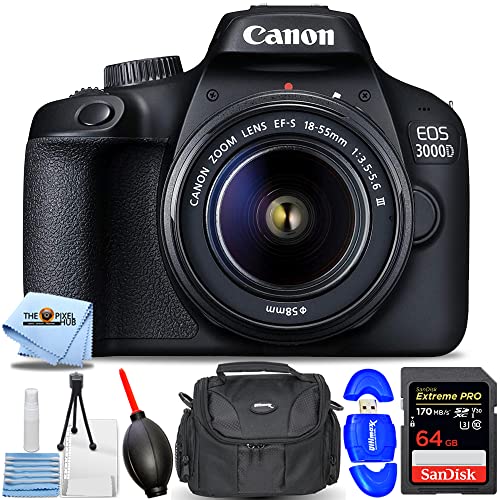 Cannon EOS 3000D / T100 DSLR with 18-55mm III Lens - Essential Bundle Includes: Sandisk Extreme Pro 64GB SD, Memory Card Reader, Gadget Bag, Blower. Microfiber Cloth and Cleaning Kit