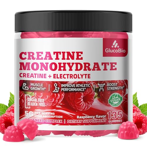 GlucoBio Creatine Monohydrate Gummies (5g) – Pre-Workout Energy & Muscle Growth Support for Men &...