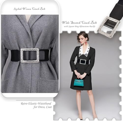 Rhinestone Stretchy Wide Belts for Women, Ladies Cinch Corset PU-Leather Retro Elastic Waistband for Dress Coat S/M3