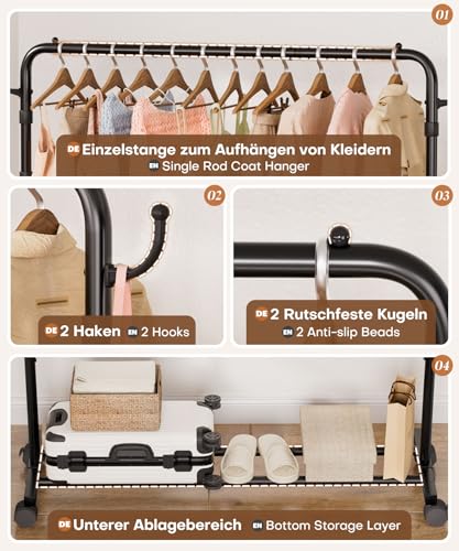 Yorbay Multifunktioneller Höhenverstellbarer Kleiderständer auf Rollen: Robuste Kleiderstange aus Metall mit Gepäckablage - Platzsparende Garderobenständer für Schlafzimmer Waschküche (117,5 cm)