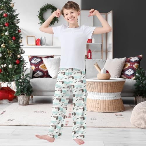 Boy's Pj Pants Green Dachshund Dog Bone Lounge Bottoms Elastic Waist Kids Joggers with Pockets Size 6-142