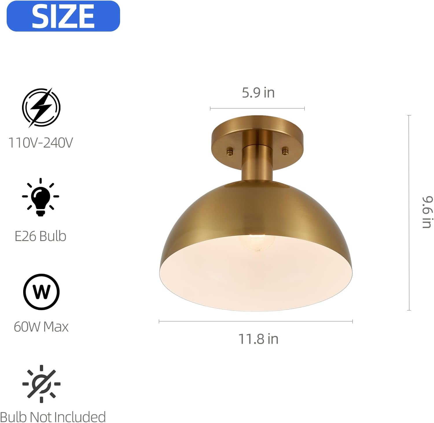 11.8'' Vintage Gold Globe Semi Flush Mount Ceiling Light Fixture, Farmhouse Hallway Light Mid Century Modern Ceiling Mount Lamp Light Fixture for Living Room Bedroom Kitchen Entryway