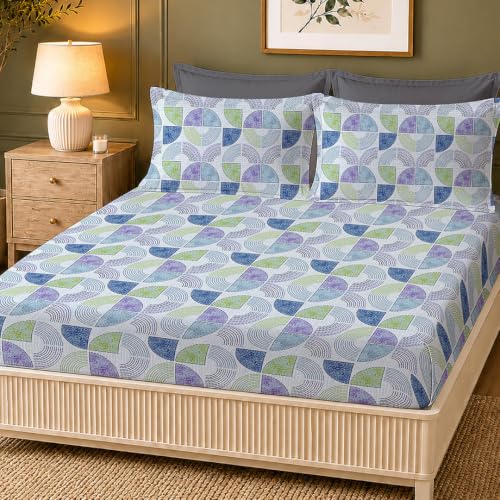 Image of LANE LINEN Symphony 100% Cotton 144TC King Bedsheet Set, 3 Piece, Printed | Printed 3-Piece Set With 1 King Fitted Bedsheet (1.83 x 1.98 M + 0.30D CM), 2 Pillow Covers, 144 TC, Soft & Breathable Cotton