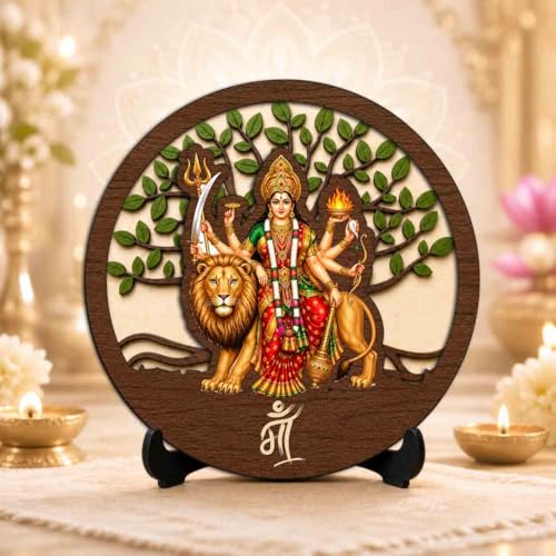 Image of Sherawali MATA Wooden Idol with Stand for Home Temple, Puja Room, Office Desk & Indoor Mandir Decor - 5x5 Inch