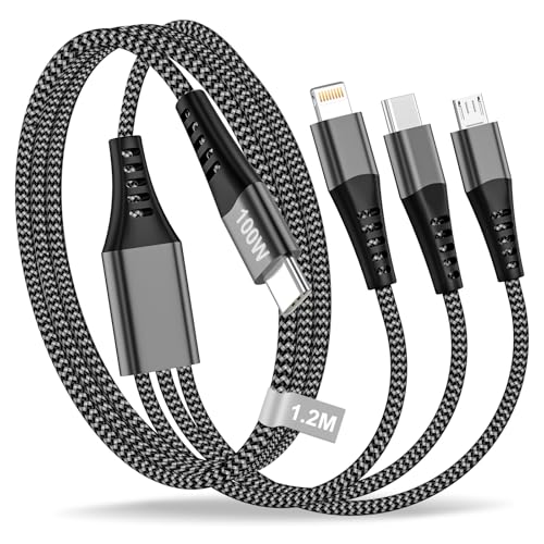 100W Cable USB C a Multi Cable de Carga Rapida 1.2M, 3 en 1 cable Multiple Universal con cable USBC a USBC/Lightning/Micro Cabo Tipo C Lightning para iPhone 17/16/15/14/X/8,MacBook,Google Pixel,Galaxy