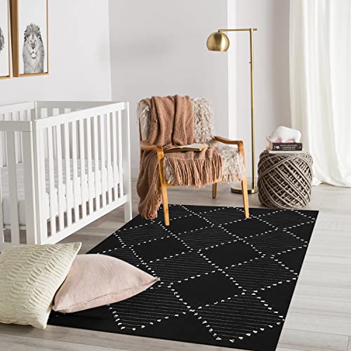 Staruia Boho Black Rug For Bedroom,4'X6'Washable Diamond Rug For Living Room,Modern Moroccan Carpet For Nursery Room,Geometric Farmhouse Area Rug For Kitchen Bathroom #TOP6