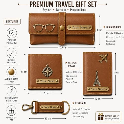 Image of Customized Wallet Combo Gift Set for Men | Faux Leather Wallet, Passport Cover & Keychain with Name & Charm | Personalized Gift for Birthday, Rakhi & Anniversary (Tan wkps)