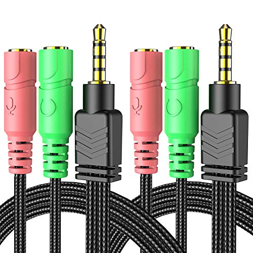 [New 2 Pack ] Headphone Mic Splitter 3.5mm Headset Audio Splitter Aux Adapter Cable (Mic + Audio) 2 TRS Female to TRRS Male CTIA for PS4,Xbox ,Phone, PC Gaming Headsets and New Version Laptop