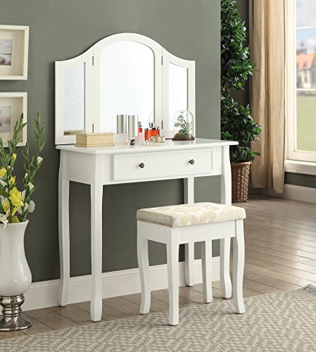 Roundhill Furniture Sunny White Wooden Vanity, Make Up Table and Stool Set