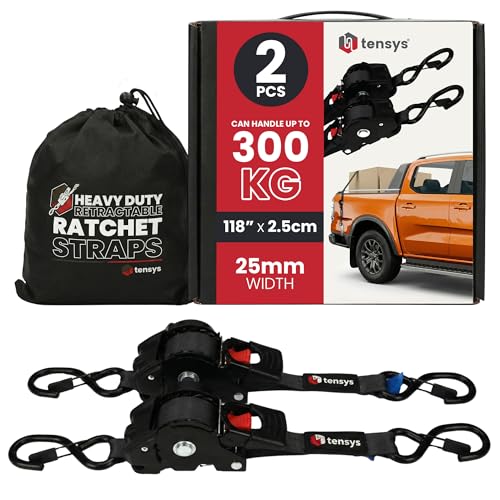 TENSYS Retractable Ratchet Tie Down Straps – Heavy Duty Auto Self Retracting Ratchet Strap Set 600kg Break Force for Cargo Trailer Roof Rack Motorcycle Luggage, Black, 2 Pack, 25mm x 3m