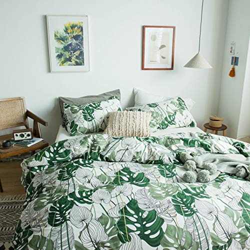 Yuheguoji Green Botanical Duvet Cover Queen 100% Cotton Tropical Plant Duvet Cover Set 3 Pcs 1 Monstera Leaves Pattern Duvet Cover With Zipper Ties 2 Pillowcases Soft Green Bedding Breathable Durable #TOP1