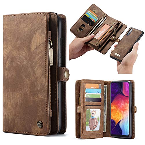 Preisvergleich Produktbild Simicoo Samsung A50 Leder Wallet Schutzhülle 11 Kartenfächer Reißverschluss Abnehmbare Brieftasche Magnetverschluss Robuste Filp Tasche Handyhülle für Samsung A50 (A50, Brown)