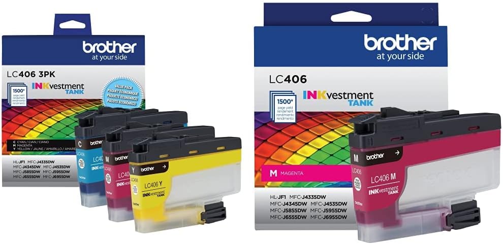 Brother LC4063PK 3 Pack of Standard Yield Cyan, Magenta and Yellow -Ink -Cartridges & Genuine LC406M Standard Yield Magenta INKvestment Tank Ink Cartridge
