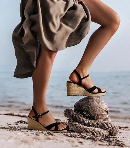 Image of Ankis Wedge Sandals for Women, Espadrille Womens Wedge Sandals Comfortable Open Toe Cross Band Ankle Strap High Heel Wedges for Women Dressy Summer -3.4Inch