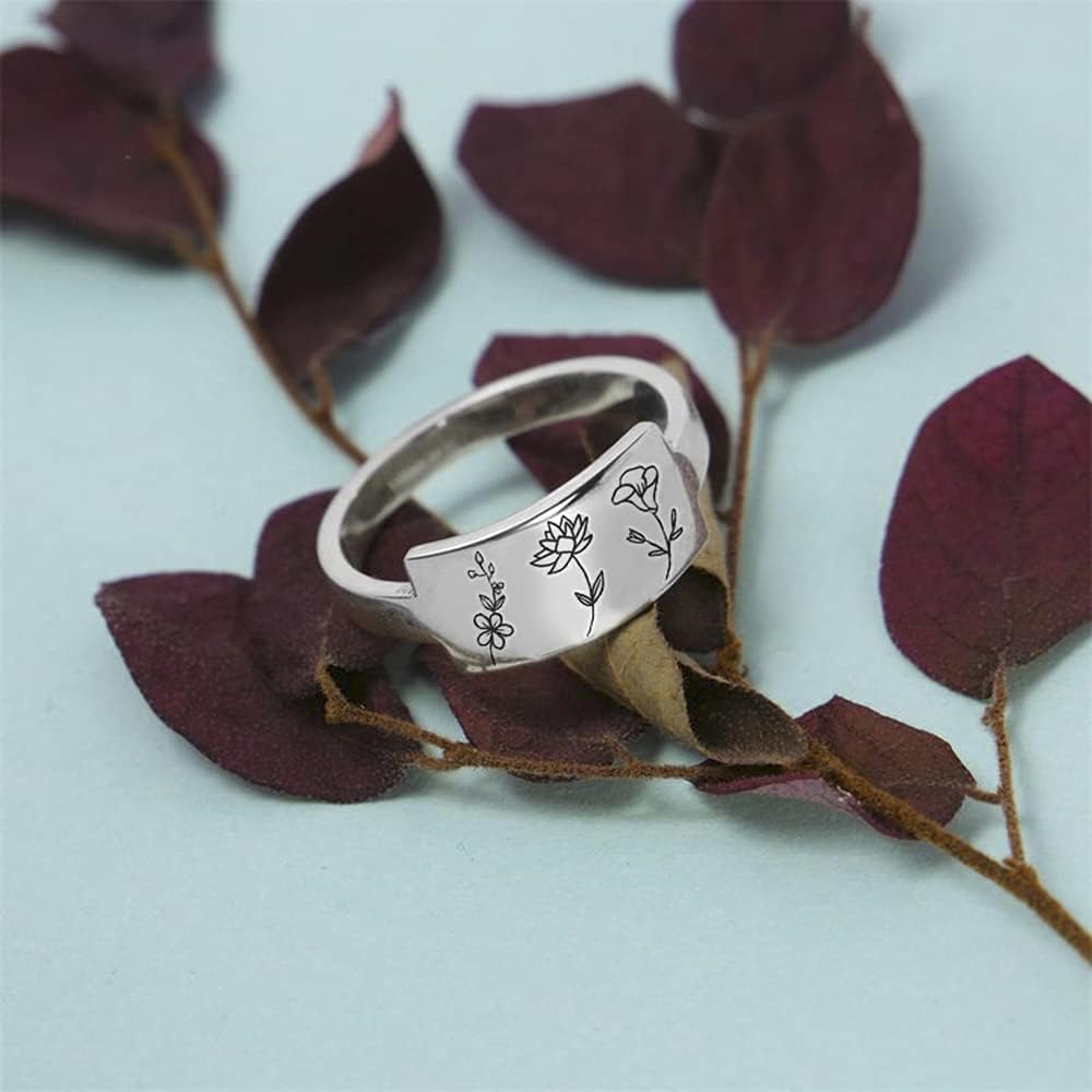 SIMONLY Mother's Day Gifts Personalized Birth Month Flower Ring 925 Sterling Silver Custom Nature Ring Birth Month Flower Gift For Her