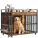 NEWBULAND 43 Inch Dog Crate Furniture, Heavy Duty Dog Kennel with 3 Doors, 2 Adjustable Bowls and Lockable Wheels, Wooden Dog House for Large Dogs, End Table Dog Cage, Rustic Brown