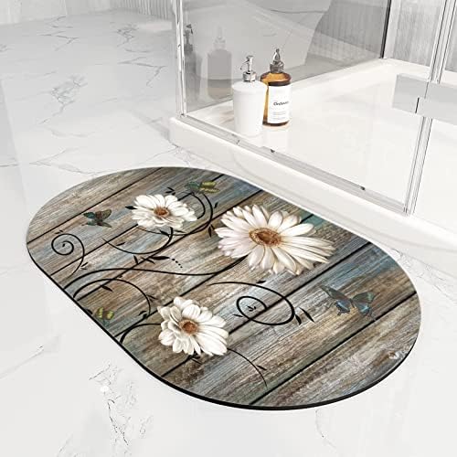 Rustic Farmhouse Bath Rug, Farm Teal Daisy Floral Flowers and Butterfly on Country