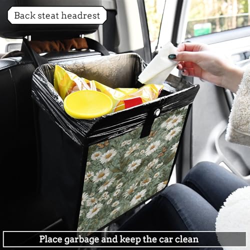 Image of Car Trash Can Organizer Bin with Adjustable Strap for Back Front Seat Console Waterproof Leakproof Collapsible Portable 11 Inch Summer Daisy Butterfly Green