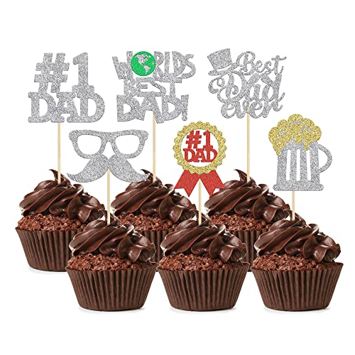 24 Pcs Happy Father's Day Cupcake Toppers With Hat Moustache Glitter Best Dad Ever Cake Picks Decorations For Happy Father's Day Theme Party Supplies Silver #TOP20