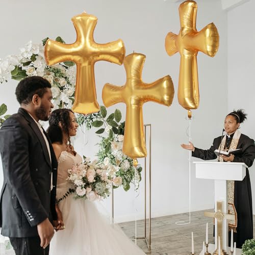 Jumbo Gold 43 Inch Cross Shape Religious Foil Balloon, 3 Pack Bless First Holy Communion Christening Baptism Balloons For Baby Shower Easter Wedding Christmas Memorial Party Decoration Supplies by YellCot - Used condition - Image 3