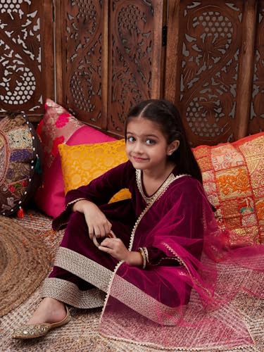 Image of Pspeaches Girls Ethnic Green & Pink Velvet Full Sleeves Solid Kurta and Pant with Dupatta 3 Piece Set