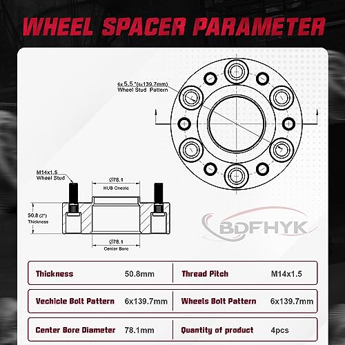 Image of BDFHYK 6x5.5 Hubcentric Wheel Spacers Thickness 2 Inch Compatible with Chevy 1999-2004 Silverado Avalanche Sierra 1500 Tahoe Escalade, 6x139.7mm 6 Lug M14x1.5 Studs & 78.1mm Hub Bore, Set of 4