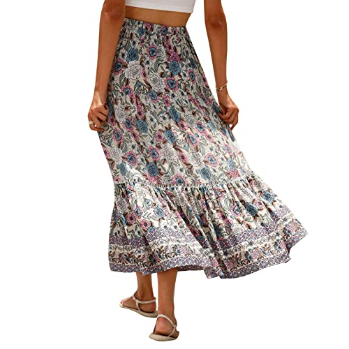 Women Casual Boho Long Skirt Vintage Floral Print Bohemian Style Half Dress Elastic Waist Flowy Swing Midi Skirt Summer Spring (Creamy White, XL) - Image 5