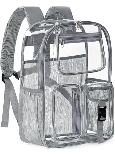 Image of Heavy Duty Clear Backpack For School, 17 Inch Large Clear Bookbag For Kids Boys Girls Women Men, 360 3M Reflective Strips See Through Backpack, Multi-Pockets Tranparent Bag, College Work, Grey