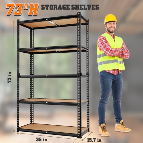 Image of LEVELEVE 5-Tier Storage Shelving Unit, Metal, for Kitchen, Garage, Laundry Room, Adjustable, 35 inch L x 16 inch W x 73 inch H, Rectangular