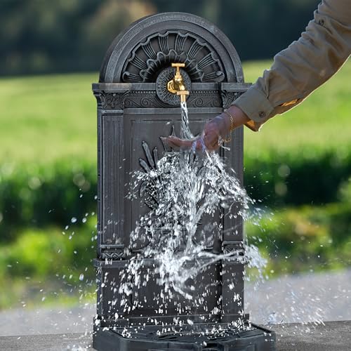 Relaxdays Standbrunnen, Antik-Stil, HBT: 82,5x39x33 cm, Nostalgie, Garten, Terrasse, Wasserhahn, Becken, stehend, grau