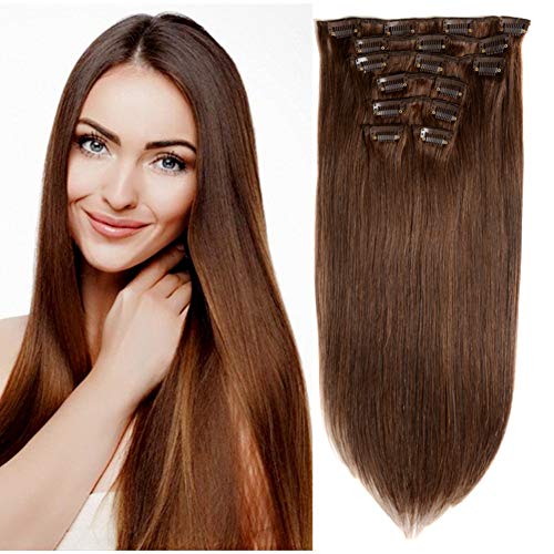 Friskylov Clip in Hair Extensions Straight Human Hair Clip in Extensions Double Weft Thick Real Human Hair Extension Clip in Silky Remy Hair for Women 14Inch 100g 7Pcs 16Clips Dark Brown