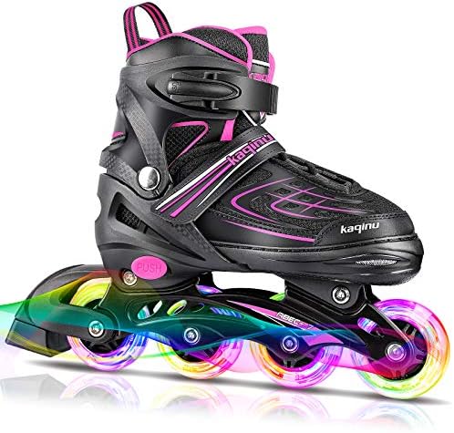 KAQINU Adjustable Inline Skates, Outdoor Roller Blades Skates with Full Illuminating Wheels for Women, Kids, Girls and Boys (Pink, S)