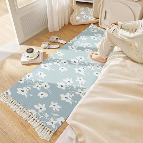 Image of SAGON 2x5 Ft Printed Runner Carpet - Cotton Bedside Rug for Bedroom & Living Room (Sky Blossom)