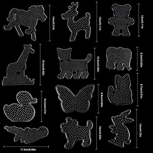 Cozlly 12PCS Fuse Beads Boards, Plastic Fuse Beads Pegboards, Clear Pegboards Kit with 12 Pattern Template Paper Cards, Animal Shape Beads Boards, Fuse Beads Template for Kids DIY Craft Supplies