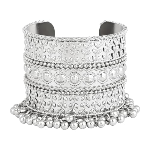 Image of I Jewels Navratri Ethnic Silver Oxidised Adjustable Afghani Ghungroo Cuff Kada Bracelet For Women