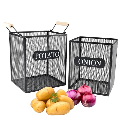 Xbopetda Set of 2 Potato and Onion Storage Bin, Metal Mesh Onion and Potato Baskets with Wooden Handle, Potato Bin Onion Holder, Kitchen Pantry Organizers and Storage for Onion Potato Fruit Vegetable