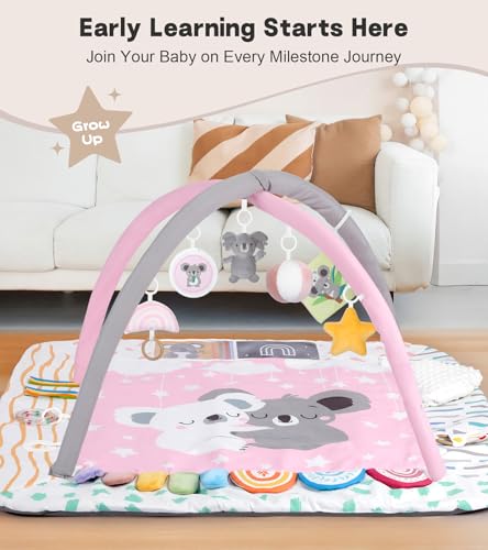 Baby Play Mat Activity Gym, 6 Developmental Zones Tummy Time Mat, 6 Detachable Sensory Toys and Educational Cards, Essential Baby Shower Set, Pink Koala