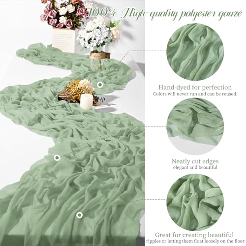 Teruntrue 12 Stück Tischläufer Salbeigrün 55x300 cm Neuer Natürlicher Weichlook Bohemian-Gaze-Käsetuch-Tischläufer für Hochzeit, Party, Babyfeier, Brautshower, Geburtstag-Dekorationen