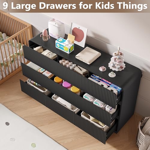 Image of BORNOON Dresser for Bedroom with 9 Drawers, Fluted Chest of Drawers with Round Curved Corner, Hidden Handles, Modern Wood Storage Organizer for Bedroom, Nursery, Living Room