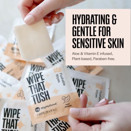 Image of Wipe That Tush On-The-Go Flushable Wipes Bulk Pack - 12 Packs of 10 Individually Wrapped Travel Wipes, 120 Total - Fragrance Free - Hypoallergenic With Aloe & Vitamin E - Septic Safe