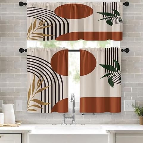 Tayney Mid Century Bohemian Kitchen Curtains Minimalist Window Curtains and Valances Set 36 Inch, Geometric Palm Leaf Sun Art Rod Pocket Short Tier Curtain, Vintage Small Curtains for Kitchen Decor Cover
