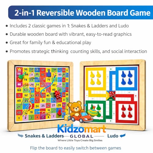 Image of 2-in-1 Wooden Board Game Snakes & Ladders | Reversible Travel Game | Vibrant Multiplayer Game for Kids & Adults| Smooth & Durable Indoor Board Game Set (9.5 Inch)