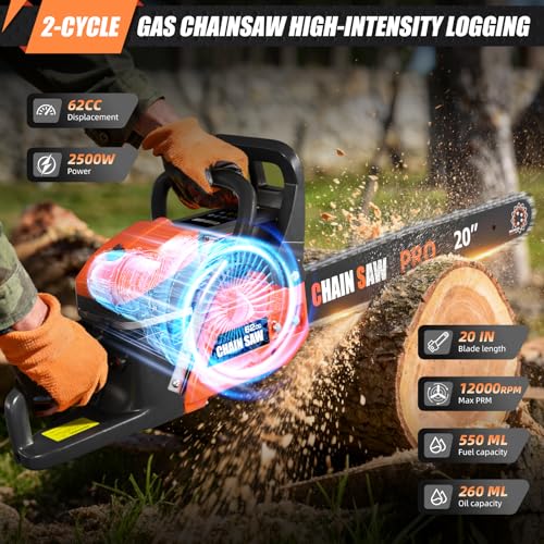 20 Inch Gas Chainsaw, 62CC Professional Chainsaw with 2-Stroke Engine, Ergonomic Non-Slip Handle & Dual Fuel Tanks for Wood Cutting, Tree Trimming, Land Clearing