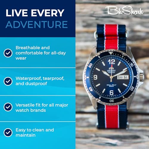 Image of BluShark - Original Collection Military-Style Waterproof Watch Strap, Fits All Timepiece Brands, Durable Nylon Wristwatch Accessories with Stainless Steel Buckle - 18mm, 20mm, 22mm & 24mm Watch Bands