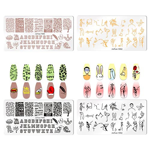 Bellelfin Nail Stamper Kit 6Pcs Nail Stamping Plate Leopard Abstract Geometric Letter Feather Butterfly Image Template With Nail Art Stamp And Scraper For Salon Home Diy Manicure #TOP2