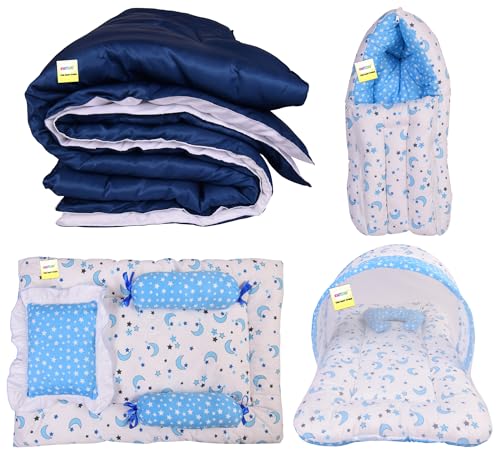 Image of Kwitchy New Born Bedding Combo of Baby Mattress with Net | Gaddi Set | Comforter (0-6 Months) Blue (4PCS Set)